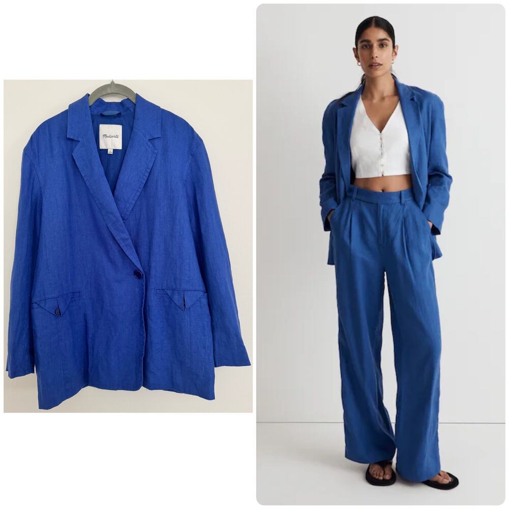 Madewell Double-Breasted Crossover Blazer in 100% Linen in Bluestone